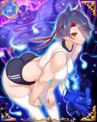  1girl artist_request ass blue_hair buruma character_request game_cg gym_uniform hands_on_own_knees headband horns leaning_forward official_art orange_eyes pointy_ears sengoku_bushouki_muramasa short_hair sleeves_rolled_up smile solo thigh-highs toned white_legwear 