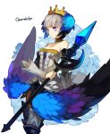  1girl armor armored_dress bare_shoulders choker crown cyenmi3 dress gwendolyn hair_ornament odin_sphere polearm silver_hair solo spear strapless strapless_dress thigh-highs violet_eyes weapon wings 