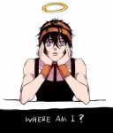  1boy black_hair chin_rest english frown hairband halo jojo_no_kimyou_na_bouken lowres male_focus narancia_ghirga rena_(renasight) solo upper_body violet_eyes wristband 