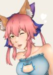  1girl ;d absurdres animal_ears bow breasts caster_(fate/extra) cat_keyhole_bra cat_lingerie fate/grand_order fate_(series) fox_ears hair_bow hair_ribbon heart highres looking_at_viewer mark1019 one_eye_closed open_mouth pink_hair ribbon smile solo twintails type-moon yellow_eyes 