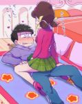  1boy 1girl bed black_hair drooling green_skirt hairband heart heart-shaped_pupils hood hoodie matsuno_ichimatsu messy_hair on_floor osomatsu-kun osomatsu-san pants plaid plaid_skirt remotarou short_twintails signature single_vertical_stripe sitting sitting_on_person skirt straddling symbol-shaped_pupils track_pants translation_request trembling turtleneck twintails yowai_totoko 