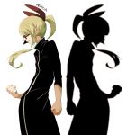  1girl alternate_costume blonde_hair clenched_hands contemporary contrapposto cowboy_shot dress earrings error flandre_scarlet glasses hair_over_eyes hair_ribbon jewelry long_hair namataro no_hat ponytail profile ribbon shadow solo symmetry touhou turtleneck white_background 