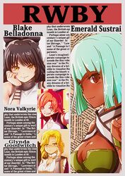  4girls aqua_eyes aqua_hair arm_ribbon bangs bare_shoulders black_hair black_scarf blake_belladonna blonde_hair blunt_bangs bob_cut bow character_name chin_rest cleavage_cutout copyright_name dark_skin emerald_sustrai glasses glynda_goodwitch green_topwear hair_bow halter_top halterneck long_hair moai_(moai_world) multiple_girls newspaper nora_valkyrie orange_hair red_eyes ribbon rwby scarf short_hair short_hair_with_long_locks smile strapless tubetop yellow_eyes 