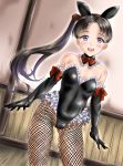  1girl animal_ears ayanami_(kantai_collection) bare_shoulders black_hair blue_eyes blush bow bowtie breasts bunny_girl bunny_tail bunnysuit elbow_gloves fake_animal_ears fishnet_pantyhose fishnets gloves hair_ribbon kantai_collection kasugano_tobari long_hair open_mouth pantyhose rabbit_ears ribbon side_ponytail smile solo tail 