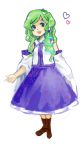  1girl :d bare_shoulders blue_skirt blush boots detached_sleeves frog_hair_ornament full_body green_eyes green_hair hair_ornament head_tilt heart hko knee_boots kochiya_sanae long_hair long_skirt long_sleeves looking_at_viewer open_mouth simple_background skirt smile snake_hair_ornament solo tareme teeth touhou vest wavy_hair white_background white_vest 