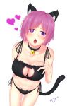  1girl 2015 absurdres alternate_costume animal_ears artist_name bell bell_choker black_panties breast_suppress breasts cat_cutout cat_ear_panties cat_ears cat_keyhole_bra cat_lingerie cat_tail chestnut_mouth choker cleavage cleavage_cutout cowboy_shot dated fate/grand_order fate_(series) frills from_above groin hair_over_one_eye heart highres jingle_bell large_breasts looking_at_viewer navel open_mouth panties paolo_espana purple_hair shielder_(fate/grand_order) short_hair side-tie_panties signature simple_background solo stomach tail thigh_gap underwear underwear_only violet_eyes white_background 
