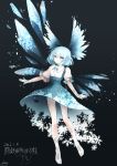  1girl adapted_costume alternate_costume barefoot blue_eyes blue_hair cirno dated dress full_body hair_ribbon ice ice_wings looking_at_viewer mokokiyo_(asaddr) puffy_sleeves ribbon short_hair short_sleeves signature simple_background snowflakes solo text touhou upskirt wings 