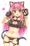  1girl :3 :d alternate_costume animal_ears aqua_eyes ass_visible_through_thighs bangs bell bell_choker belt black_panties blush cat_cutout cat_ear_panties cat_ears cat_keyhole_bra cat_lingerie cat_tail choker cleavage_cutout collarbone cowboy_shot eyebrows eyebrows_visible_through_hair frills gloves green_hair hair_intakes hashimoto_nyaa heart highres jingle_bell legs_apart long_hair looking_at_viewer multicolored_hair navel open_mouth osomatsu-san panties paw_gloves paw_pose pink_hair saichuu side-tie_panties simple_background smile solo stomach streaked_hair tail thigh_strap underwear underwear_only white_background 