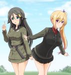  2girls black_hair blonde_hair blue_eyes diesel-turbo girls_und_panzer izumi_reina kawakami_mai long_hair mole mole_under_eye multiple_girls side_ponytail violet_eyes 