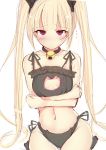  1girl bell bell_collar black_bra black_panties blazblue blonde_hair blush bra cat_cutout cat_ear_panties cat_lingerie collar collarbone crossed_arms daiaru long_hair navel panties rachel_alucard red_eyes small_breasts solo twintails twintails_day underwear very_long_hair 