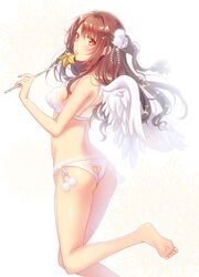  1girl angel_wings ass barefoot bra breasts brown_hair heart-shaped_hole highres idolmaster idolmaster_cinderella_girls long_hair one_side_up panties serino_itsuki shimamura_uzuki solo underwear wand wings 