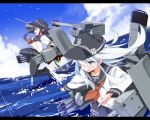  2girls akatsuki_(kantai_collection) anchor anchor_symbol bird black_legwear black_skirt blue_eyes blue_sky cannon clouds cloudy_sky flat_cap folded_ponytail hair_between_eyes hat hibiki_(kantai_collection) kantai_collection loafers long_hair machinery messy_hair mtu_(orewamuzituda) multiple_girls neckerchief ocean open_mouth panties panties_under_pantyhose pantyhose pleated_skirt school_uniform serafuku shield shoes silver_hair skirt sky turret underwear water 