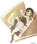  1girl bare_shoulders black_hair black_legwear blue_eyes couch ear food from_above hair_ornament hairclip looking_at_viewer low_twintails lying navel on_back open_mouth original pillow pocky shorts solo twintails yopan_danshaku 