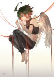  1boy absurdres ahoge angel_wings armband artist_name barefoot crop_top from_side full_body gradient gradient_background green_hair highres male_focus midriff multicolored_hair navel qing_heshang red_eyes redhead sakaki_yuuya signature solo string two-tone_hair wings yuu-gi-ou yuu-gi-ou_arc-v 