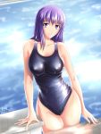  1girl 2016 alternate_costume artist_name bangs blue_swimsuit breasts collarbone covered_nipples cowboy_shot dated dripping fate/stay_night fate_(series) long_hair looking_at_viewer matou_sakura one-piece_swimsuit parted_lips pool purple_hair rna_(angel-smelter) sideboob signature solo starting_block swimsuit violet_eyes water wet wet_clothes wet_hair 