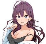  1girl :3 ahoge blue_eyes breasts cleavage earrings ichinose_shiki idolmaster idolmaster_cinderella_girls jewelry keikesu long_hair looking_at_viewer off_shoulder parted_lips paw_pose purple_hair sleeves_past_wrists solo 