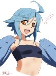  ! 1girl :d ahoge bandeau blue_hair blue_wings brown_eyes feathered_wings harpy highres kagiyama_(gen&#039;ei_no_hasha) monster_girl monster_musume_no_iru_nichijou open_mouth papi_(monster_musume) short_hair signature simple_background sketch small_breasts smile solo upper_body white_background wings 