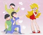  1girl 3boys bangle black_hair blonde_hair blue_eyes blush bracelet brothers closed_eyes crossover dress gold_chain heart jewelry jumpsuit kneeling long_hair matsuno_choromatsu matsuno_juushimatsu matsuno_karamatsu multiple_boys official_style open_mouth osomatsu-kun osomatsu-san panty_&amp;_stocking_with_garterbelt panty_(psg) polka_dot polka_dot_background red_dress red_shoes shoes short_hair siblings standing sweatdrop triplets v-neck zatsuku_sakana 