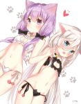  2girls :o animal_ears artist_name bangs bare_arms bare_shoulders bell bell_choker black_bra black_panties blue_eyes blush bow bra cat_cutout cat_ears cat_keyhole_bra cat_lingerie cat_paws choker cleavage_cutout cowboy_shot dutch_angle expressionless fang flat_chest hair_between_eyes hair_bow heart highres ia_(vocaloid) jimmy long_hair looking_at_viewer multiple_girls navel panties paws purple_hair short_hair_with_long_locks side-tie_panties sidelocks silver_hair simple_background small_breasts standing tareme underwear underwear_only very_long_hair violet_eyes vocaloid white_background white_bra white_panties yuzuki_yukari 
