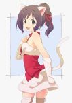  1girl :d abancho absurdres animal_ears arm_warmers brown_eyes brown_hair cat_ears cat_tail dress fang from_side fur_trim hair_ribbon highres idolmaster idolmaster_cinderella_girls looking_at_viewer looking_to_the_side maekawa_miku open_mouth ponytail ribbon short_hair sketch smile solo tail thigh-highs white_legwear 