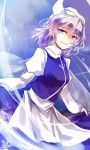  1girl apron blue_eyes juliet_sleeves kutsuki_kai lavender_hair letty_whiterock long_sleeves looking_at_viewer puffy_sleeves scarf shirt skirt skirt_set smile solo touhou vest waist_apron 