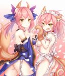  2girls :d animal_ears apron arm_garter ass bare_shoulders bell bell_collar black_bow blue_hair bow breast_press breasts caster_(fate/extra) cat_hair_ornament cleavage closed_mouth collar cowboy_shot detached_collar detached_sleeves eyebrows eyebrows_visible_through_hair fang fate/extra fate/grand_order fate_(series) fox_ears fox_tail frills from_side garters gloves gradient gradient_background gradient_hair hair_bow hair_ornament hair_ribbon heart heart_hands heart_hands_duo highres japanese_clothes long_hair looking_at_viewer maid_headdress multicolored_hair multiple_girls naked_apron no_panties obi open_mouth paw_gloves paw_shoes petals pink_background pink_hair red_ribbon ribbon ribbon-trimmed_legwear ribbon_trim sash shoes sideboob smile symmetrical_docking tail tamamo_cat_(fate/grand_order) tassel thigh-highs twintails white_apron white_legwear white_ribbon yellow_eyes yuemanhuaikong 