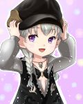  1girl absurdres braid facial_mark final_fantasy final_fantasy_xiv hands_on_headwear hat highres jewelry lalafell long_hair necklace open_mouth pointy_ears shirt silver_hair smile solo twin_braids twintails upper_body vest violet_eyes 