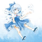  :d black_shoes blue_bow blue_dress blue_eyes blue_hair bow cirno dress fairy fairy_wings gradient gradient_background hair_between_eyes hair_bow hko ice ice_wings looking_at_viewer open_mouth puffy_short_sleeves puffy_sleeves red_ribbon ribbon shirt shoe_soles shoes short_hair short_sleeves simple_background smile socks tareme touhou white_background white_hair white_shirt wings 