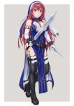  1girl blue_eyes boots breasts cleavage cross dagger dress elbow_gloves female gloves habit highres jewelry large_breasts long_hair necklace nun original redhead solo standing sword thigh-highs thigh_boots thigh_strap tori@gununu weapon 