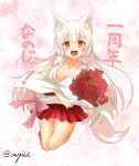  1girl animal_ears blonde_hair bouquet breasts cleavage eyebrows fang flower fox_ears fox_tail hakama_skirt japanese_clothes kohaku_(yua) large_breasts long_hair looking_at_viewer miko open_mouth original red_rose rose shirt silver_hair smile solo tail thick_eyebrows translation_request very_long_hair yellow_eyes yua_(checkmate) 