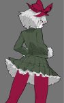  1girl adapted_costume alternate_costume blush from_behind grey_background hair_ribbon jacket konpaku_youmu long_sleeves pantyhose profile red_eyes red_legwear ribbon short_hair silver_hair simple_background skirt skirt_set solo thupoppo touhou 