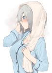  1girl blue_eyes blush breasts cleavage_cutout commentary_request grey_hair hamakaze_(kantai_collection) hayashi_kewi kantai_collection large_breasts long_sleeves shirt solo towel towel_on_head upper_body 