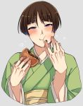  019 1boy :t brown_hair eating food food_on_face ishikirimaru japanese_clothes male_focus pastry touken_ranbu upper_body violet_eyes 