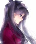  1girl bangs black_hair black_ribbon blue_eyes closed_mouth eyelashes fate/stay_night fate_(series) from_side hair_ribbon long_hair looking_away looking_down meaomao portrait profile red_sweater ribbon simple_background solo sweater tohsaka_rin toosaka_rin turtleneck two_side_up white_background 