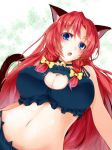  1girl animal_ears bed_sheet blue_eyes blush braid breasts cat_cutout cat_ears cat_lingerie cat_tail cleavage cleavage_cutout hair_ribbon hong_meiling long_hair lying navel on_back open_mouth redhead ribbon ryuushou solo tail touhou twin_braids 