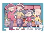  4boys amazou anger_vein apron arm_behind_head atarou_(mouretsu_atarou) bag bald bandana bow bowl_cut bowtie brown_hair chibita closed_eyes creator_connection dekoppachi freckles hand_in_pocket hand_on_hip haramaki heart heart_in_mouth light_bulb matsuno_osomatsu mouretsu_atarou multiple_boys older one_eye_closed osomatsu-kun osomatsu-san pencil pencil_behind_ear sandals shaved_head shirt shopping_bag shorts sleeves_rolled_up smile spring_onion t-shirt waist_apron whisker_markings 