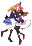  2girls black_gloves blazer blue_eyes cape dancing_stars_on_me! demon_tail elbow_gloves full_body gloves hand_on_another&#039;s_face high_heels highres kneehighs kousaka_honoka looking_at_another looking_at_viewer love_live!_school_idol_project miso-ha_(ukyuu) multiple_girls nishikino_maki open_mouth orange_hair pleated_skirt redhead school_uniform shoes side_ponytail simple_background skirt smile tagme tail thigh-highs violet_eyes white_background yuri zettai_ryouiki 