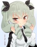  1girl anchovy blush drill_hair girls_und_panzer green_hair hair_ribbon jacket_on_shoulders kemu_(pixiv463430) long_hair looking_at_viewer military necktie red_eyes ribbon smile solo twin_drills twintails twintails_day 