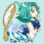  1girl aqua_background aqua_eyes aqua_hair bishoujo_senshi_sailor_moon blue_bow bow brooch choker cowboy_shot deep_aqua_mirror gloves highres instrument jewelry kaiou_michiru lipstick magical_girl makeup mirror pink_lipstick profile sailor_collar sailor_neptune seiji_(hanjuku_pancake) short_hair solo tiara violin water white_gloves 