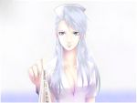  1girl bangs blue_eyes breasts chou_shittou_caduceus cleavage collarbone earrings fingernails hat jewelry large_breasts long_hair looking_at_viewer mira_kimishima moriririnn nurse nurse_cap serious signature silver_hair simple_background solo thermometer 