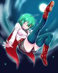  1girl antennae blush boots breasts cape full_moon green_eyes green_hair grin highres himamushi_nyuudou moon night night_sky one_eye_closed outstretched_leg short_hair shorts sky smile solo thigh-highs thighs touhou wriggle_nightbug 