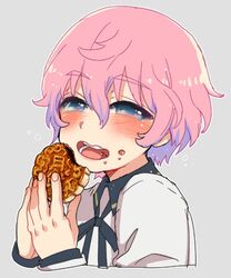  019 1boy akita_toushirou blue_eyes food food_on_face lowres male_focus open_mouth pastry pink_hair smile touken_ranbu upper_body 