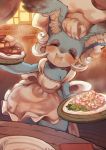  1girl animal_ears aoneko apron closed_eyes food furry hat holding odin_(odin_sphere) open_mouth pancake pasta pooka_(odin_sphere) rabbit rabbit_ears round_teeth short_hair shrimp solo steam teeth tray white_hair 