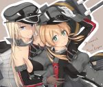  2girls anchor_hair_ornament arm_up bismarck_(kantai_collection) blonde_hair blue_eyes blush breasts cannon character_name detached_sleeves enosan gloves green_eyes hair_ornament hat highres iron_cross kantai_collection long_hair looking_at_viewer low_twintails machinery military military_uniform multiple_girls outline peaked_cap prinz_eugen_(kantai_collection) revision sideboob smile turret twintails uniform white_gloves 