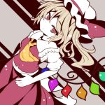  1girl ascot bat_wings beni_shake blonde_hair bow crystal flandre_scarlet hat hat_bow hat_ribbon mob_cap puffy_short_sleeves puffy_sleeves red_eyes ribbon short_sleeves side_ponytail simple_background skirt skirt_set solo touhou wings wrist_cuffs 
