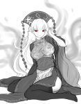  1girl china_dress chinese_clothes dress garter_straps hat highres junko_(touhou) long_hair monochrome no_nose pointy_ears raptor7 red_eyes sitting solo spot_color thigh-highs touhou 