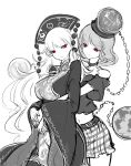  2girls breasts chain chinese_clothes earth_(ornament) hat hecatia_lapislazuli highres hug hug_from_behind junko_(touhou) large_breasts midriff monochrome moon_(ornament) multiple_girls navel pointy_ears raptor7 red_eyes skirt spot_color touhou 