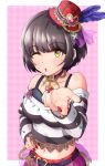  1girl black_hair blown_kiss breasts hat highres idolmaster idolmaster_cinderella_girls nikukyuu_(vento-aureo-giogio) one_eye_closed short_hair solo takafuji_kako yellow_eyes 