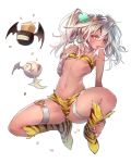  1girl beans dark_skin guilty_gear guilty_gear_xrd horns looking_at_viewer mamemaki navel orange_eyes oro_(sumakaita) parted_lips ramlethal_valentine setsubun simple_background small_breasts thigh_strap tiger_print twintails white_background white_hair 