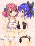  2girls bare_shoulders blue_eyes blue_hair bow breast_hold breasts cat_lingerie cat_tail cleavage collarbone green_eyes hair_bow hiiragi_yuzu jyon104 midriff multicolored_hair multiple_girls navel pink_hair ponytail serena_(yuu-gi-ou_arc-v) short_twintails smile tail twintails two-tone_hair yuu-gi-ou yuu-gi-ou_arc-v 